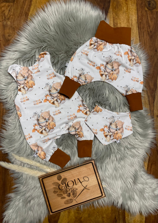 Größe: 56/62 Set aus Strampler, Pumphose und Dreieckstuch Kleines Waldkind